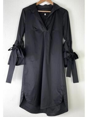 MONICA NERA Lena Shirt Dress Black Poplin Cotton Bow Tie Bell Sleeve IT 44 US 8